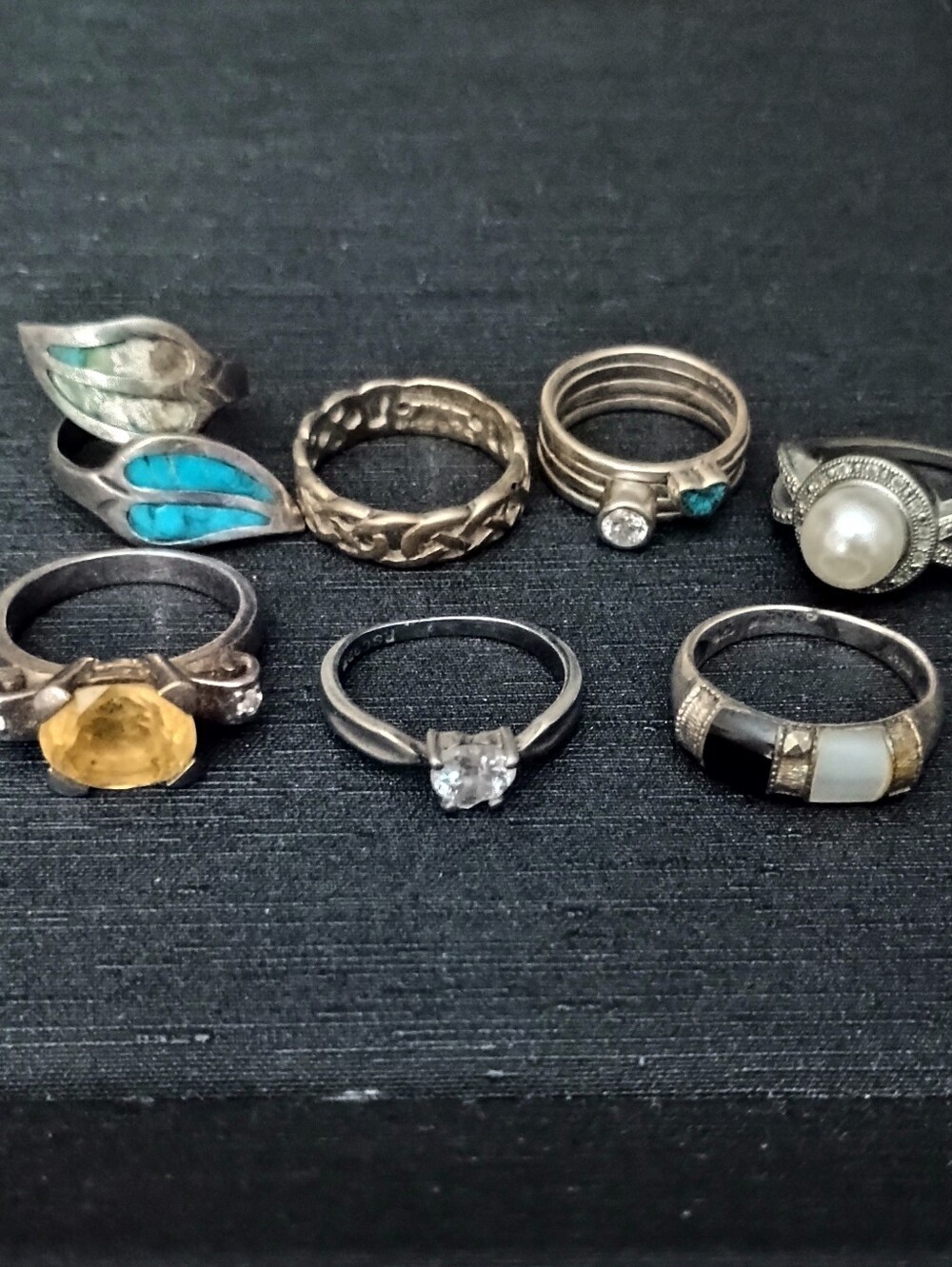 Sterling Silver Mixed Gemstone Ring Set - Blue Turquoise, Pearl, Yellow, Clear